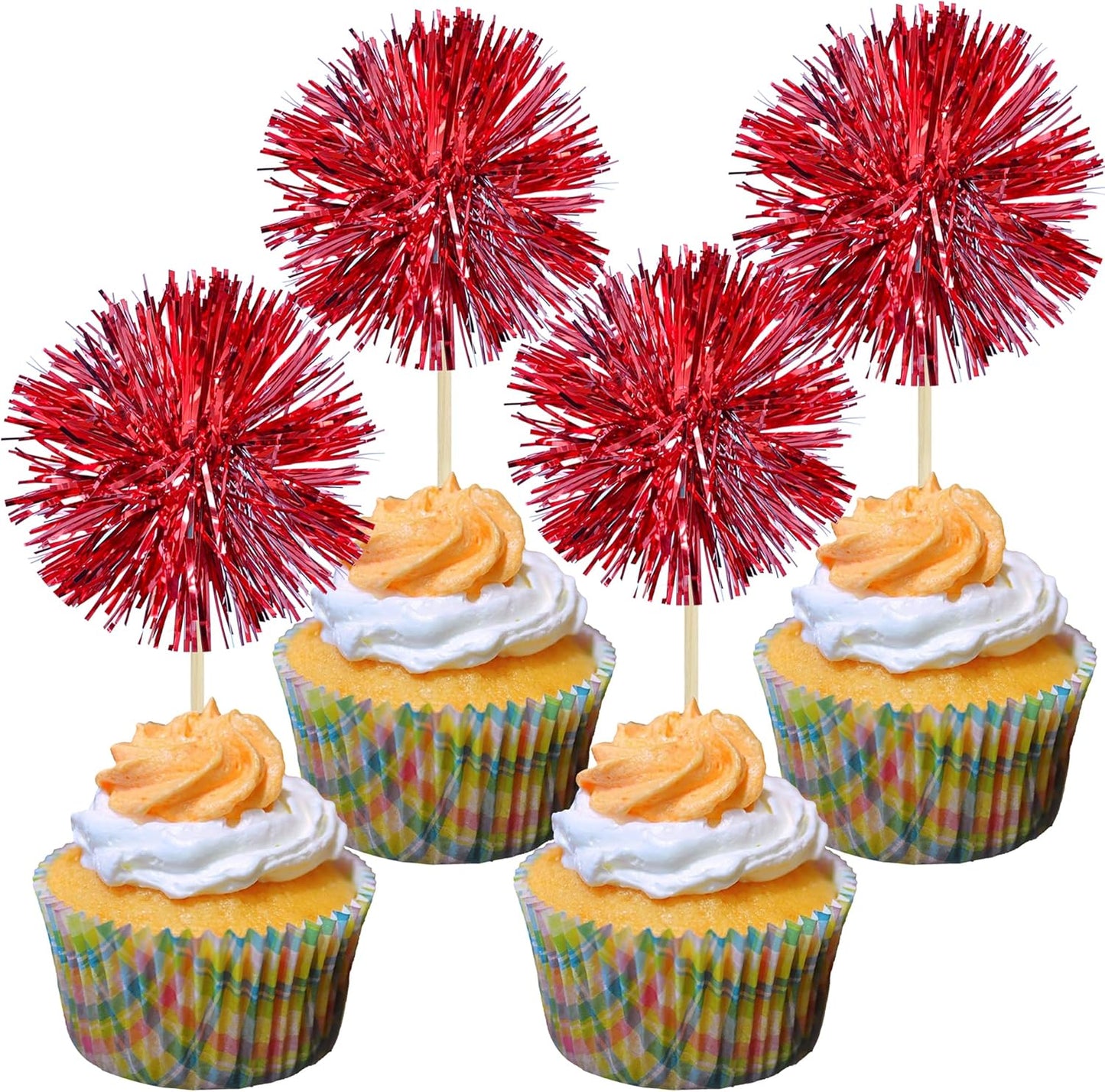 Gyufise 30Pcs Foil Firework Cupcake Toppers Sparkle Tinsel Cake Toppers Tinsel Drink Cake Decoration Cocktail Picks for Birthday Wedding Graduation Party Supplies Dark Red