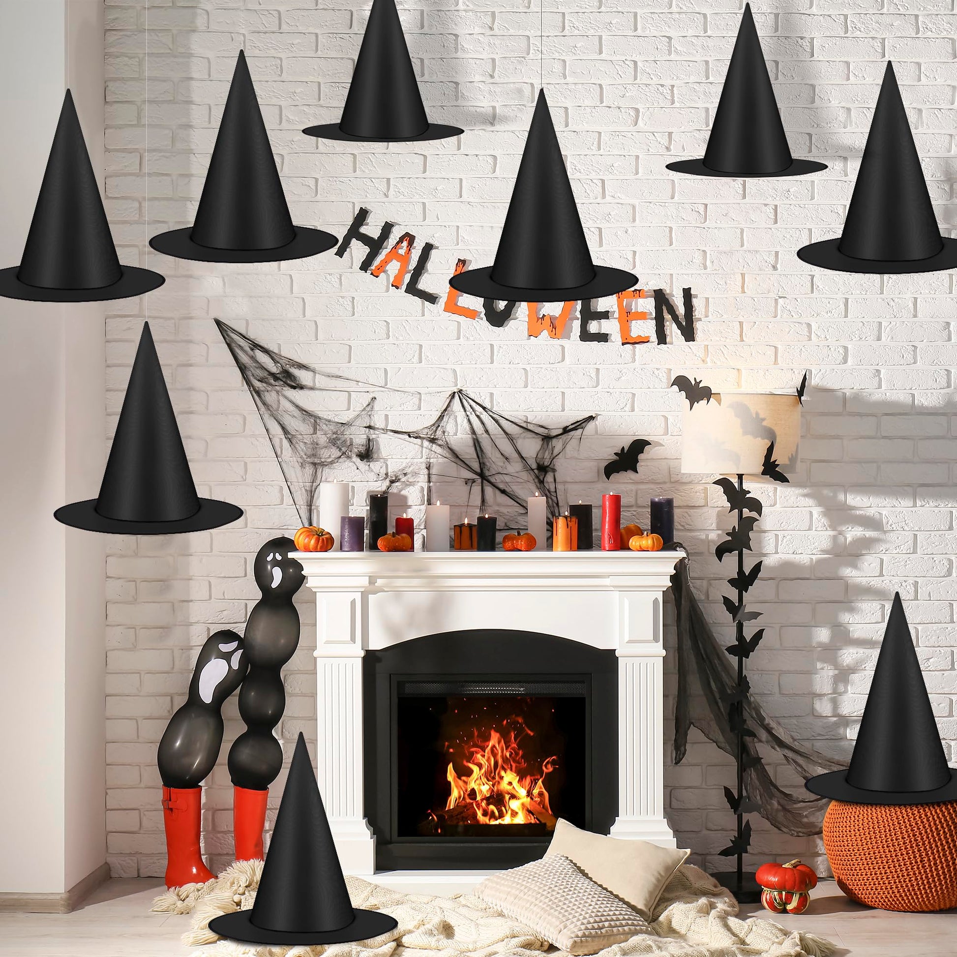 12 PCS Halloween Witch Hats, Black Hanging Witch Hats Porch Yard Decor