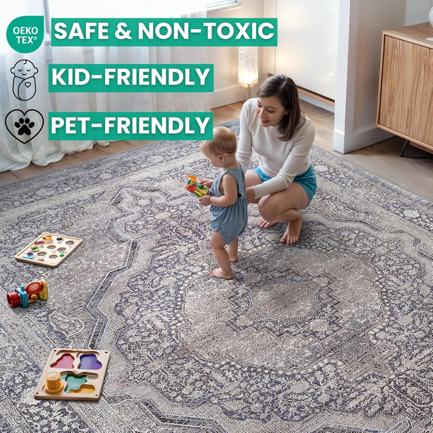 Bloom Rugs Washable Non-Slip 12 ft Runner - Blue/Steel Gray/Beige Traditional Medallion Runner for Entryway, Hallway, Bathroom, and Kitchen - Exact Size: 2.5' x 12'