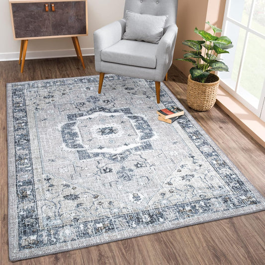 Bloom Rugs Washable Non-Slip 4' x 6' Rug - Pebble Gray/Blue Traditional Medallion Area Rug for Living Room, Bedroom, Dining Room, and Kitchen - Exact Size: 4' x 6'