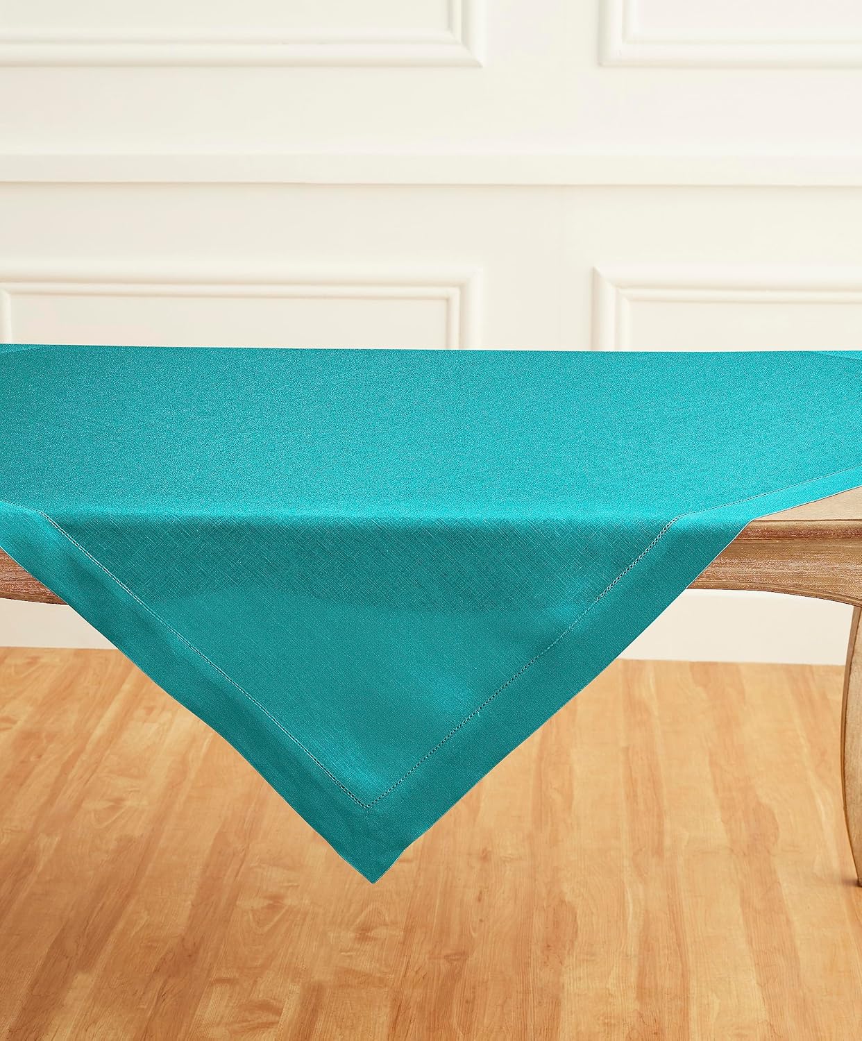 Solino Home Linen Square Tablecloth 52 x 52 Inch - 100% Pure Linen Teal Table Throw - Classic Hemstitch, Machine Washable Table Cloth for Fall, Autumn, Thanksgiving, Christmas
