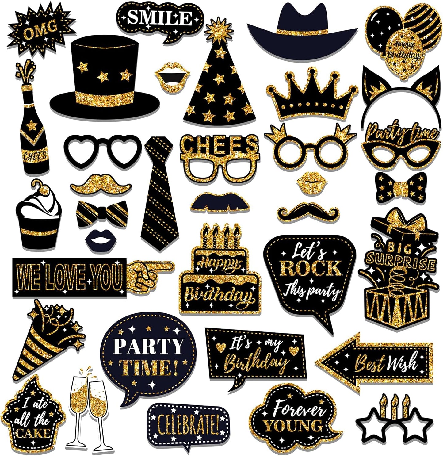 36 PCS Birthday Photo Booth Props Party Supplies Holiday Picture Decorations Photo Booth Props for Birthday Party Favors Pose Sign Kit Fun for Party (Black and Gold)