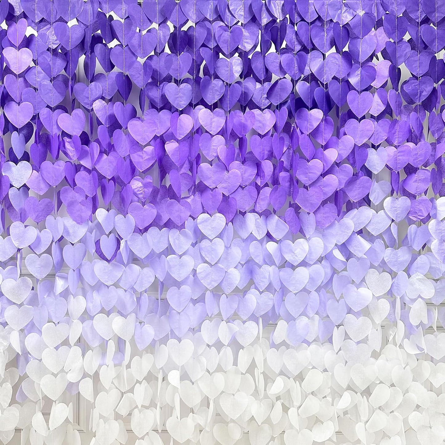 205Ft Lavender Party Decoration Ombre Purple White Heart Backdrop Streamer Tissue Paper Heart Hanging Garland for Birthday Valentines Day Bachelorette Wedding Bridal Shower Lilac Violet Party Supplies