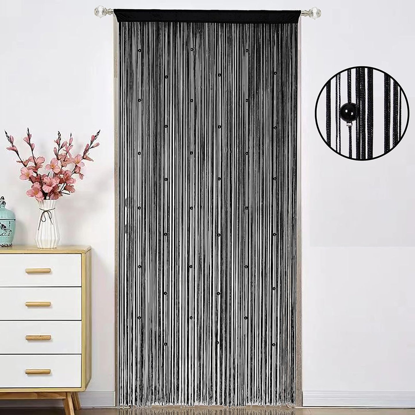 Beaded Doorway Curtain Door Beads Dense String Curtains Fringe Hippie Perfect for Wall Hanging Decor Room Divider Privacy Doors Window Closet Doorways Decorations (100x280cm,Black)
