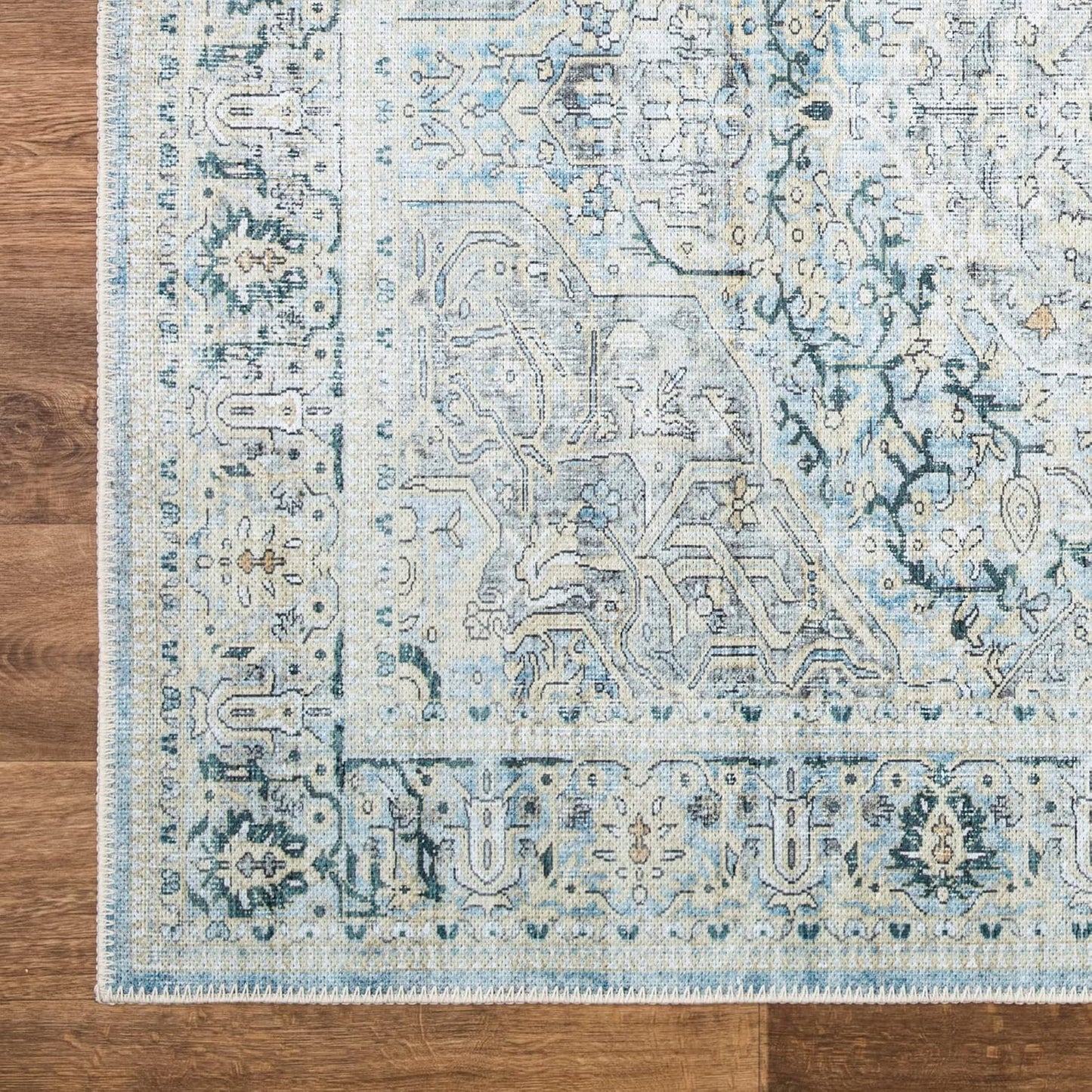 Bloom Rugs Washable Non-Slip 4' x 6' Rug - Cream/Light Blue/Teal Traditional Medallion Area Rug for Living Room, Bedroom, Dining Room, and Kitchen - Exact Size: 4' x 6'