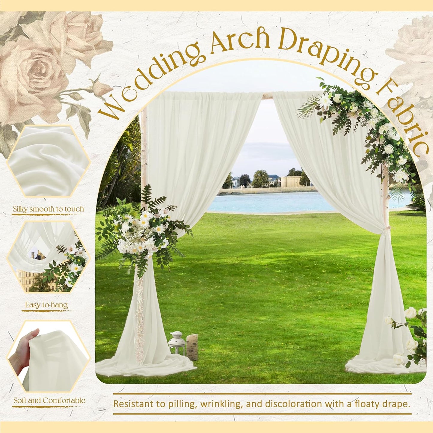 VACVELT Wedding Arch Draping Fabric, Ivory Chiffon, 1 Panel Sheer Drapes, 30 Inch x 20ft Chiffon Backdrop Curtain, Outdoor Sheer Drapery for Ceremony Party Ceiling