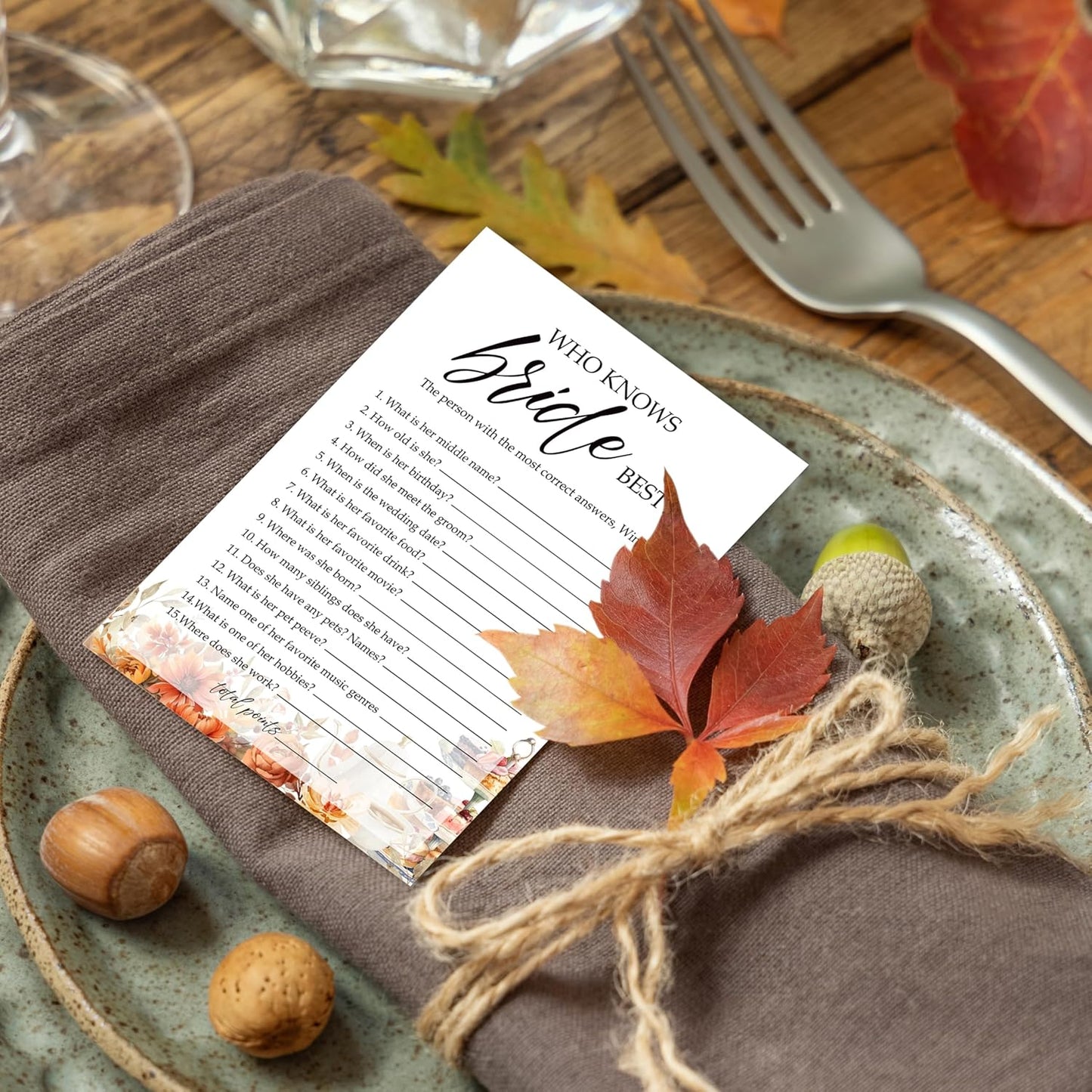 Fall Bridal Shower Games Cards, Who Knows Bride Best Wedding Bachelorette Party Games, Fall in Love Bridal Shower Decorations, 25 Cards, G07