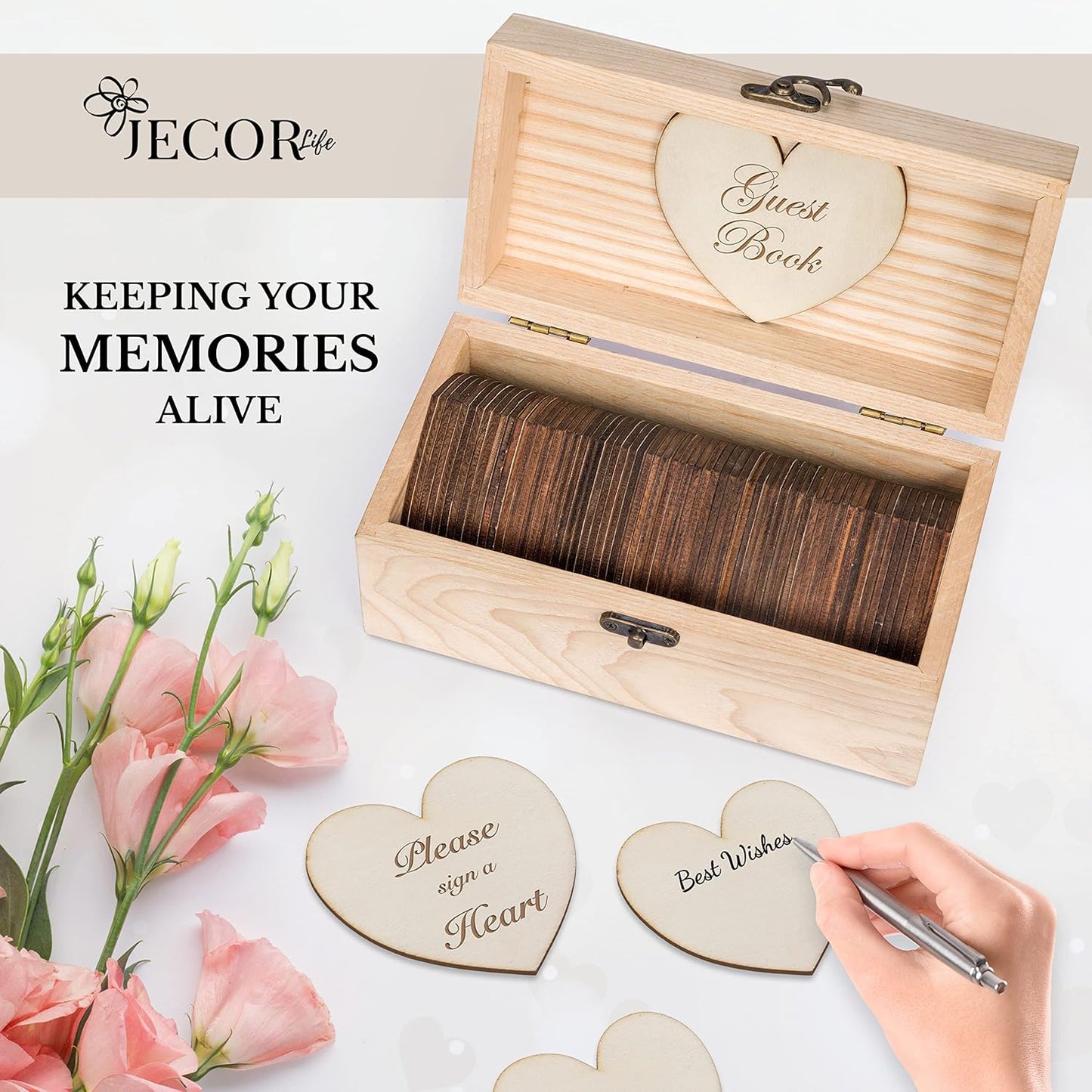 Jecor Alternative Guest Book Box - Wedding Guest Book Alternative - 62 Large Wooden Hearts - Also for Baby Shower, Bridal Shower, Anniversary, Birthday, Retirement, Funeral Guest Book Alternatives