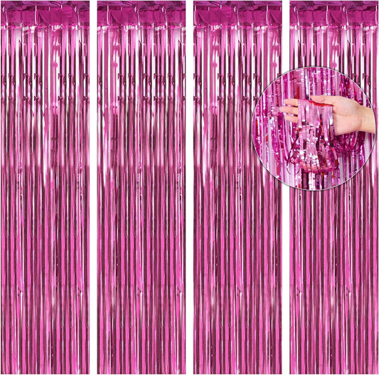 BTSD-home 4 Pack Pink Fringe Curtain, Metallic Photo Booth Backdrop Tinsel Door Curtains for Wedding Birthday Bridal Shower Baby Shower Bachelorette Christmas Party Decorations(8ft x 3ft)