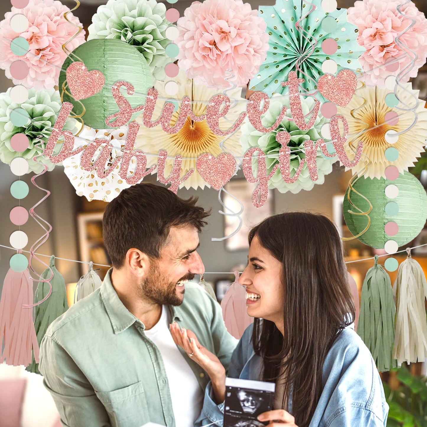 Sage Green and Blush Pink Baby Shower Decorations - Sweet Baby Girl Banner, Olive Green Lanterns