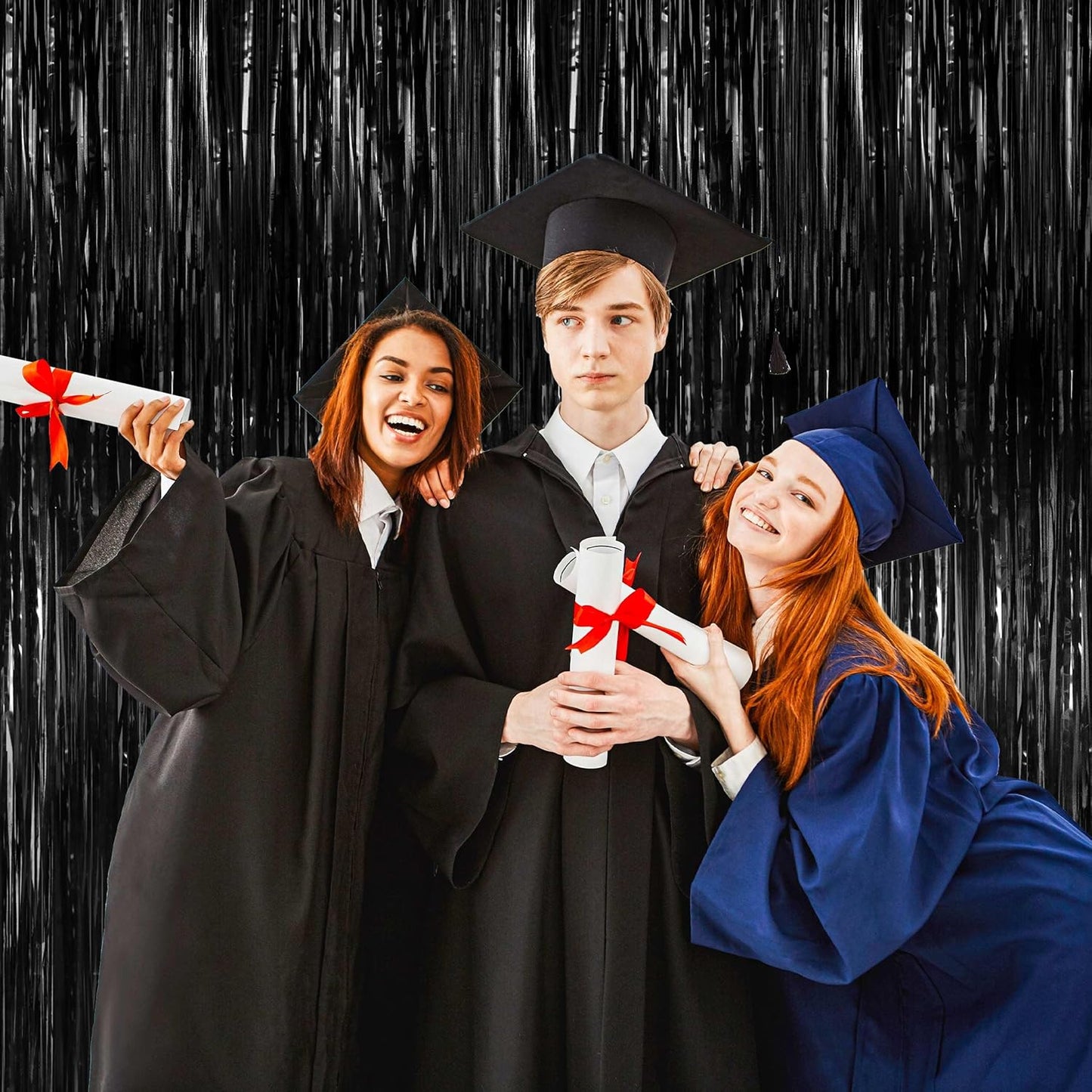 BTSD-home 4 Pack Black Foil Fringe Curtain Backdrop Metallic Photo Booth Backdrop Tinsel Curtains for Bachelorette Birthday Bridal Shower Party Decorations(3ft x 8ft)