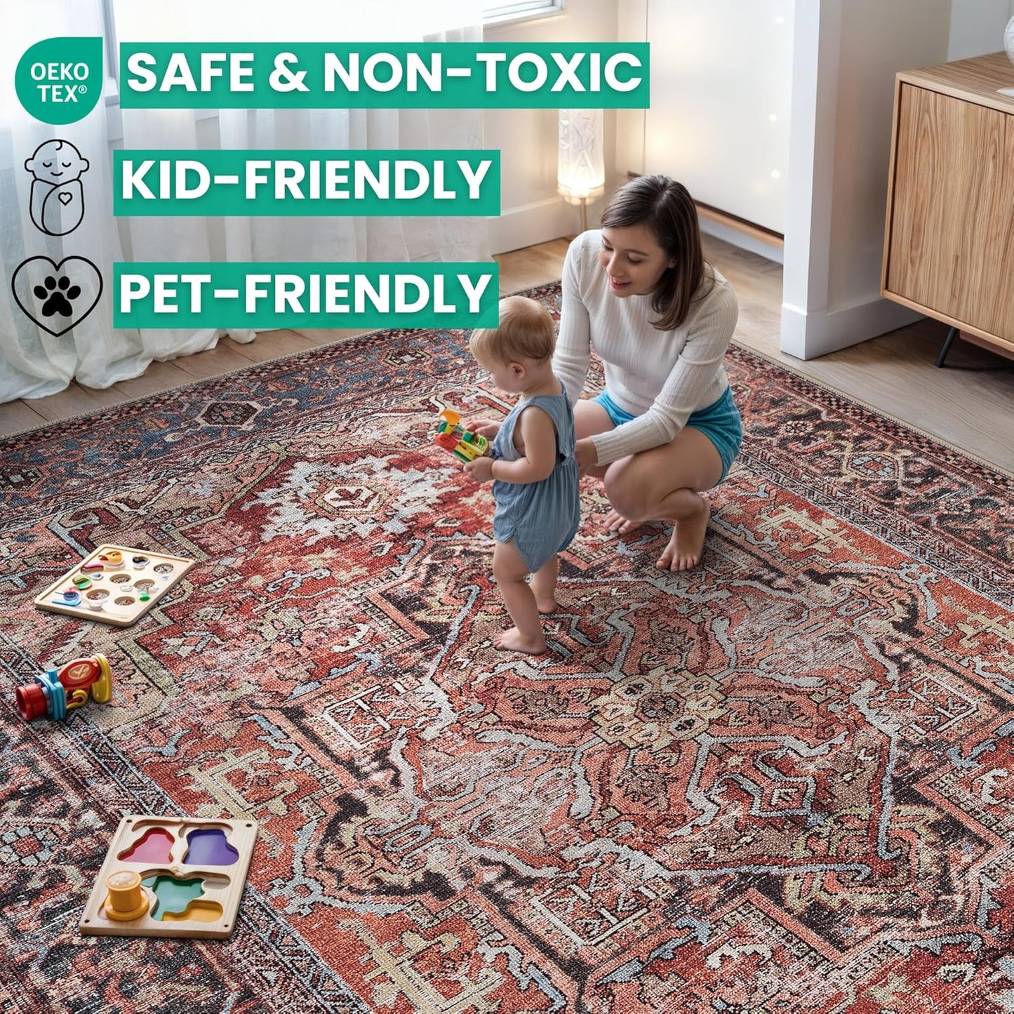 Bloom Rugs Washable Non-Slip 3' x 5' Rug - Terracotta/Blue Traditional Medallion Area Rug for Living Room, Bedroom, Dining Room, and Kitchen - Exact Size: 3' x 5'