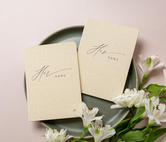 Slim Vow Books (Set of 2 - Design 5) - Soft Cream Canvas Linen Textured Cover Wedding Vow Booklets, Ceremony Speech Promise Notebook Journal, Gift for Newly Engaged Couple, 48 Lined Pages, 5.75" x 4"