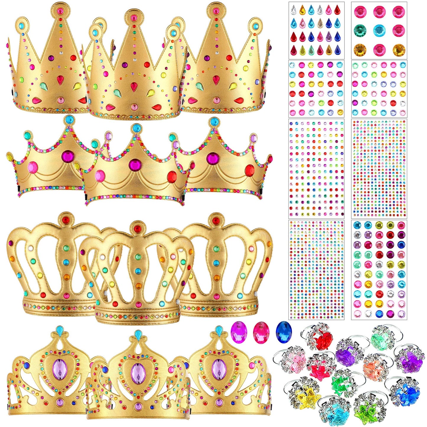 MTLEE 12 Pcs Foam Princess Tiaras Crown 928 Pcs Gem Stickers 12 Gem Rings Craft Making Kits Gifts