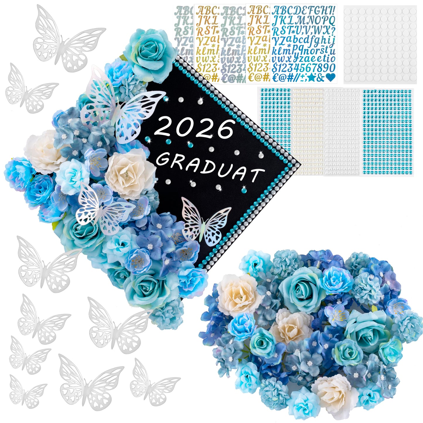 60 PCS Graduation Cap Decorations Kit 2026 with 3D Butterflies & Flowers