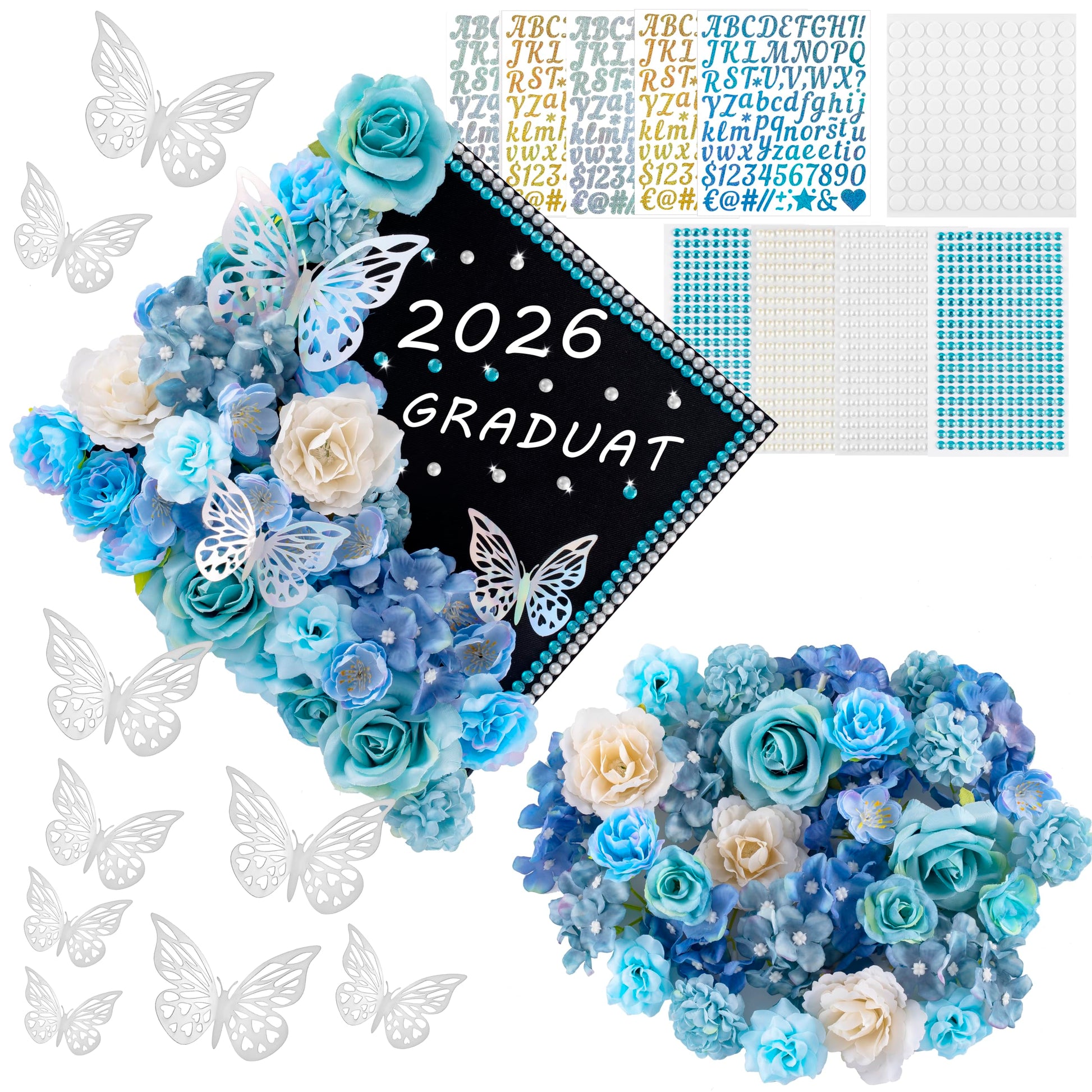 60 PCS Graduation Cap Decorations Kit 2026 with 3D Butterflies & Flowers