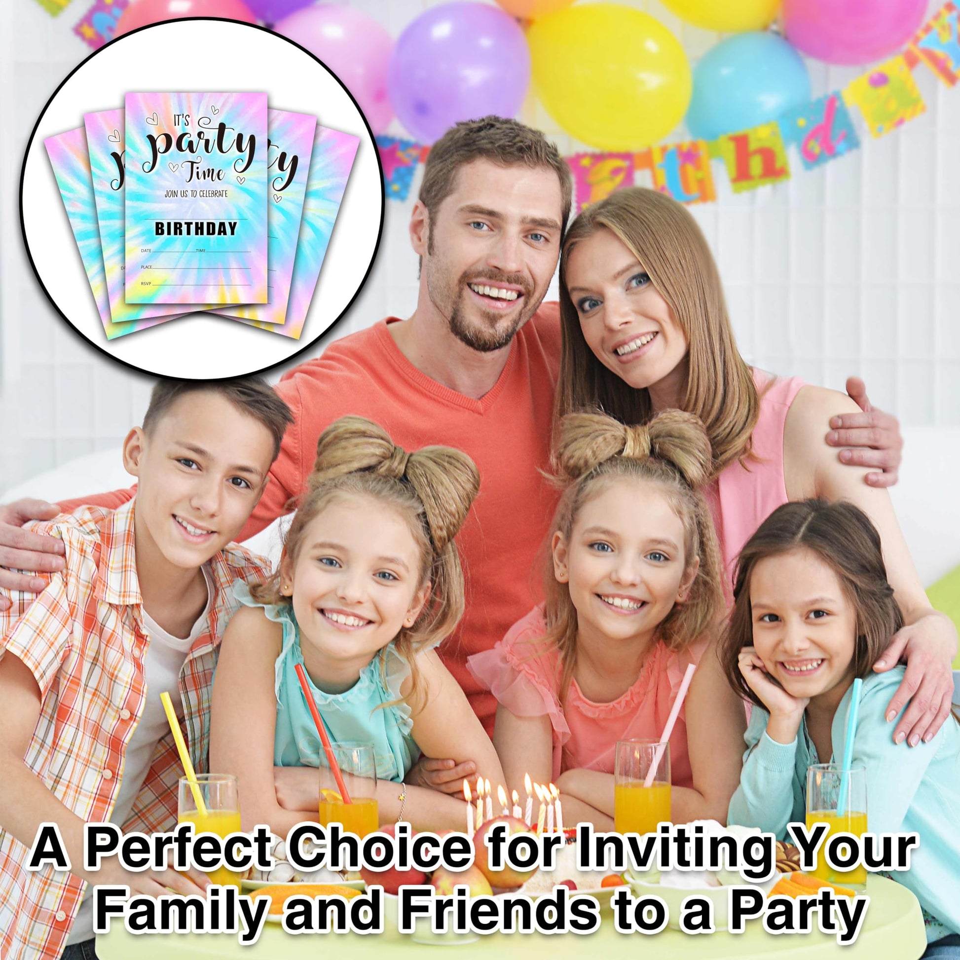 seclate Tie Dye Theme Birthday Invitations, 25 Double-Sided It's Party Time Invitation Cards with