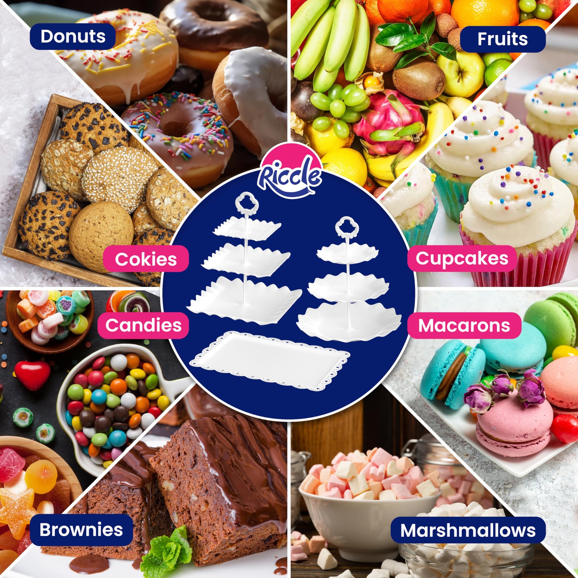 RICCLE 10Pcs Dessert Table Display Set, 3 Tiered Cupcake Stand, Cupcake Holder & Cake Stands