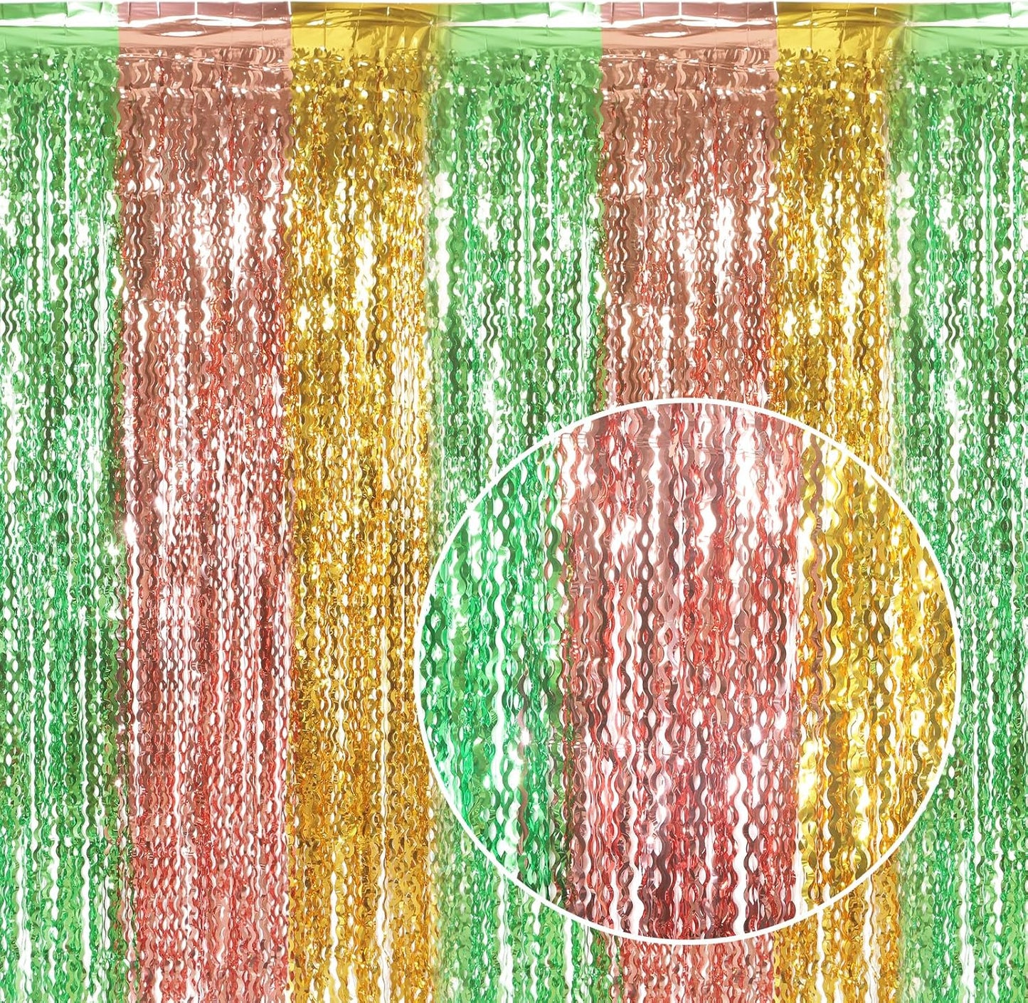 3 Pack Gold Green and Rose Gold Foil Curtain Party Decorations - 3.3x6.6fr Tinsel Streamers for Hawaiian Summer Tropical Beach Luau Themed Party Photo Booth Props Backdrop