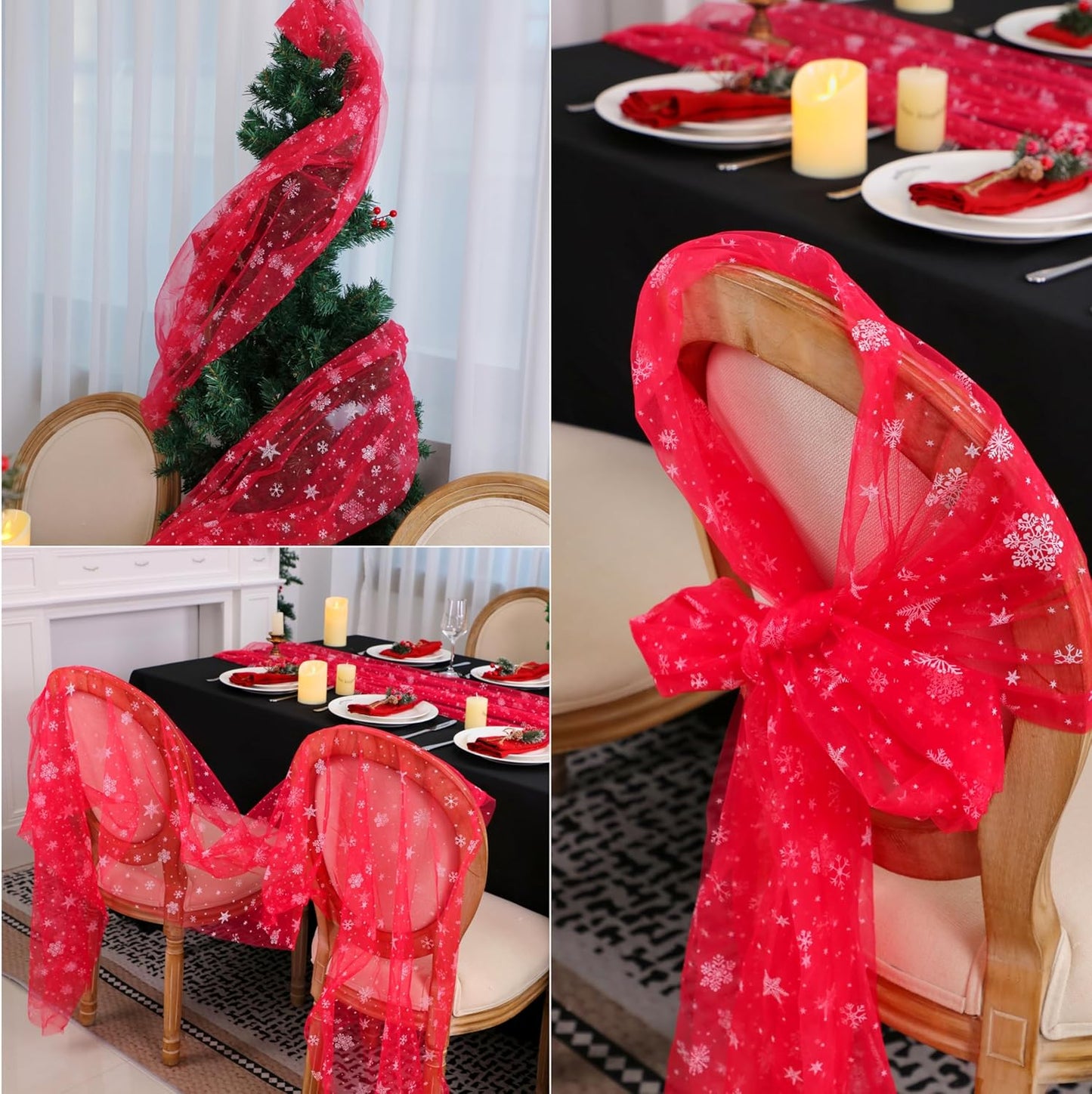 Snowkingdom Red Christmas Table Runner, Red and White Snowflakes Cheesecloth Table Runner, Chiffon Gauze Seasonal Winter Kitchen Dining Decorations for New Year Home Party Decor 120 Inch