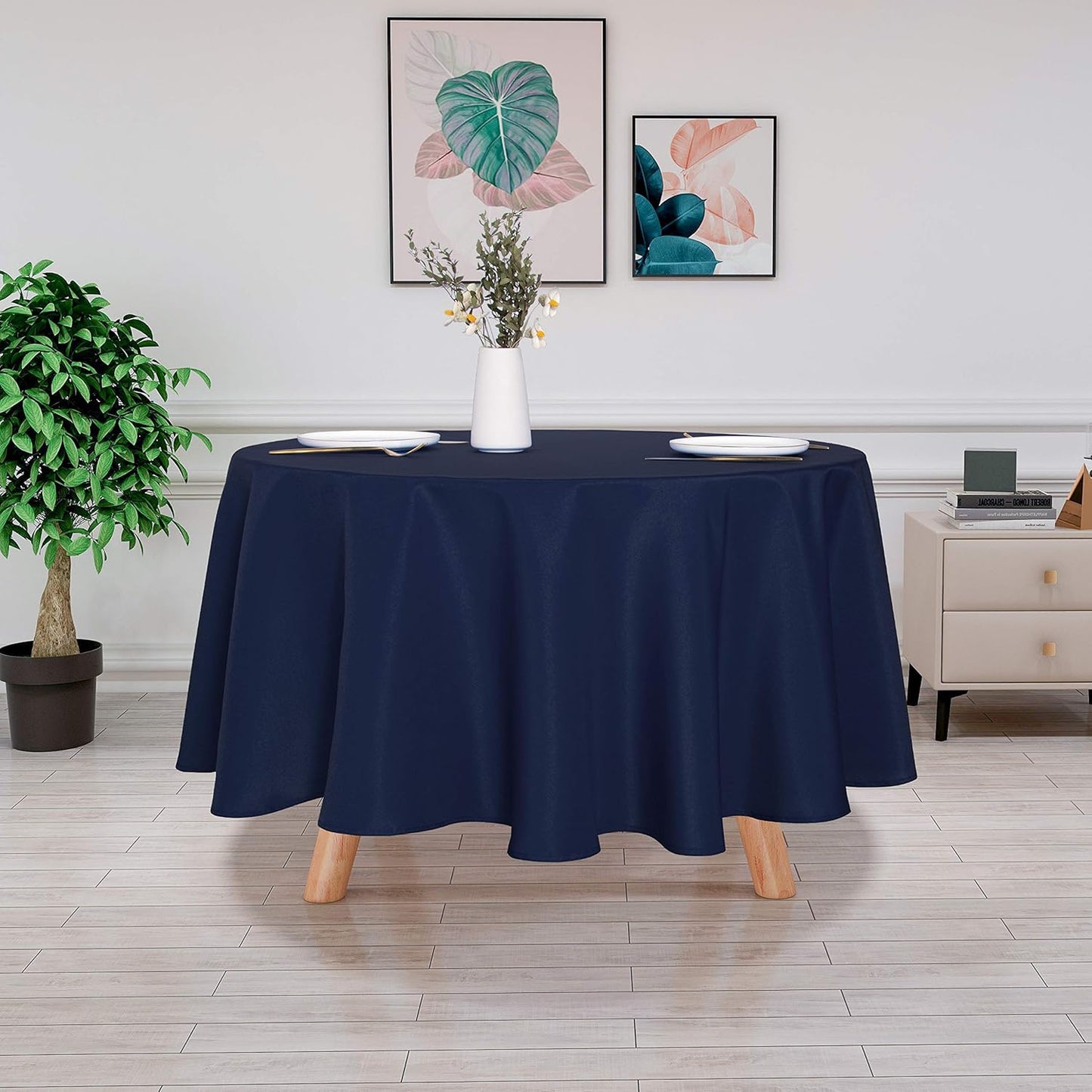 sancua Round Tablecloth - 90 Inch - Water Resistant Spill Proof Washable Polyester Table Cloth Decorative Fabric Table Cover for Dining Tables, Buffet Parties and Camping, Navy