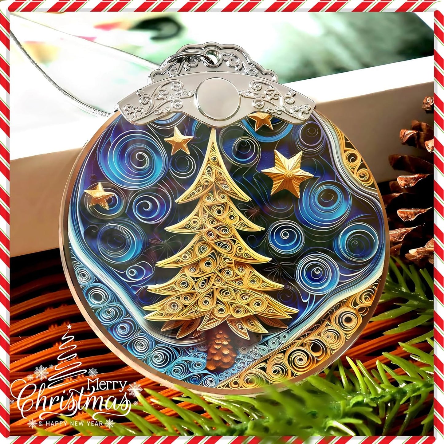 Christmas Ornament 2025, Christmas Tree Round Shape, 4 Inch Acrylic Ornament Art, Holiday Decoration, Car Interior Decor, Holiday Ornaments (Quilling Christmass Tree)