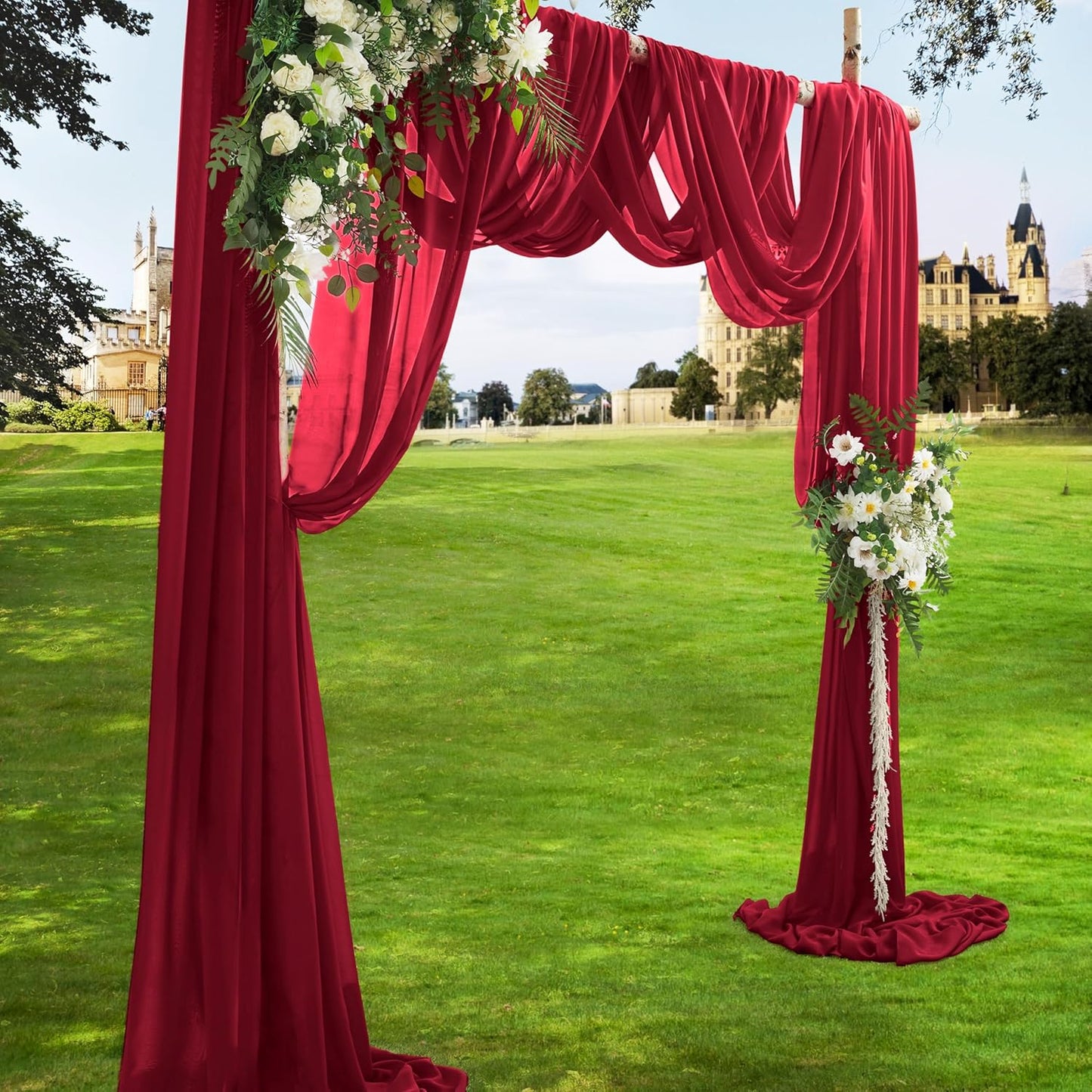 VACVELT Wedding Arch Draping Fabric - Burgundy Chiffon, 2 Panels Sheer Drapes, 30 Inch x 20ft Backdrop Curtain for Outdoor Wedding Ceremony Decor