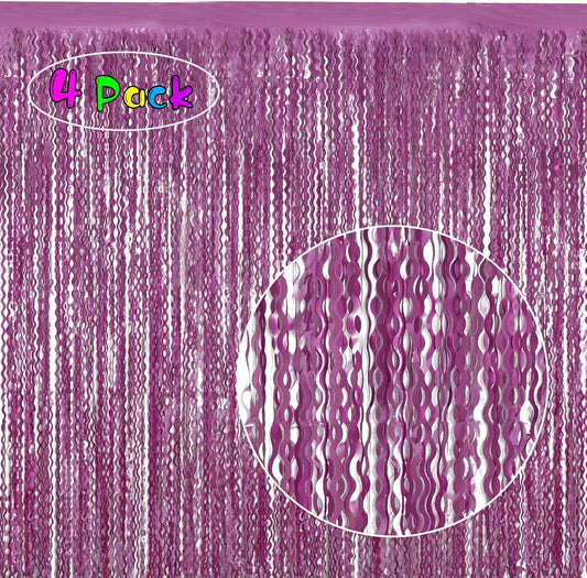 Purple Foil Curtains - 4 Pack 3.3 ft x 6.6 ft Wavy Fringe Curtain Backdrop for Party Photo Booth Props Decoration Mermaid Euphoria Themed | Purple Streamers for Mardi Gras Decorations