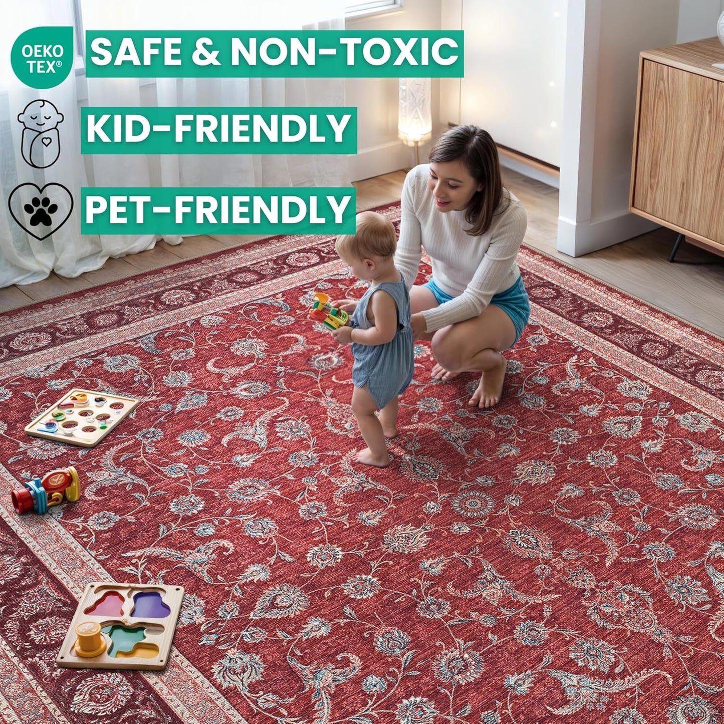 Bloom Rugs Washable Non-Slip 8' x 10' Rug - Red/Beige Traditional Bordered Area Rug for Living Room, Bedroom, Dining Room, and Kitchen - Exact Size: 8' x 10'