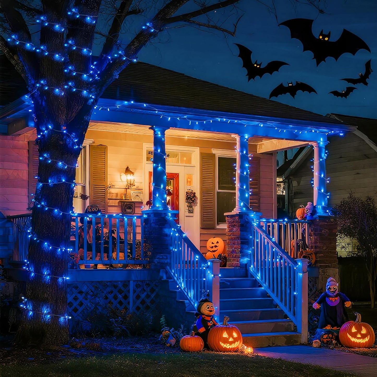 JMEXSUSS 600 Blue LED Halloween Lights Outdoor Waterproof 168ft Blue String Tree Lights Indoor Plug in 8 Modes for Bedroom Fireplace Halloween Party Xmas Christmas Decorations