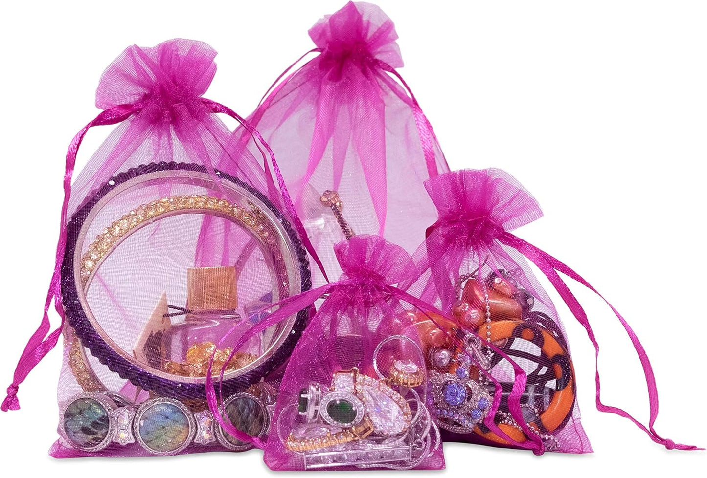 TheDisplayGuys 100-Pack 3x4 Hot Pink Sheer Organza Gift Bags with Drawstring, Jewelry Candy Treat Wedding Party Favors Mesh Pouch