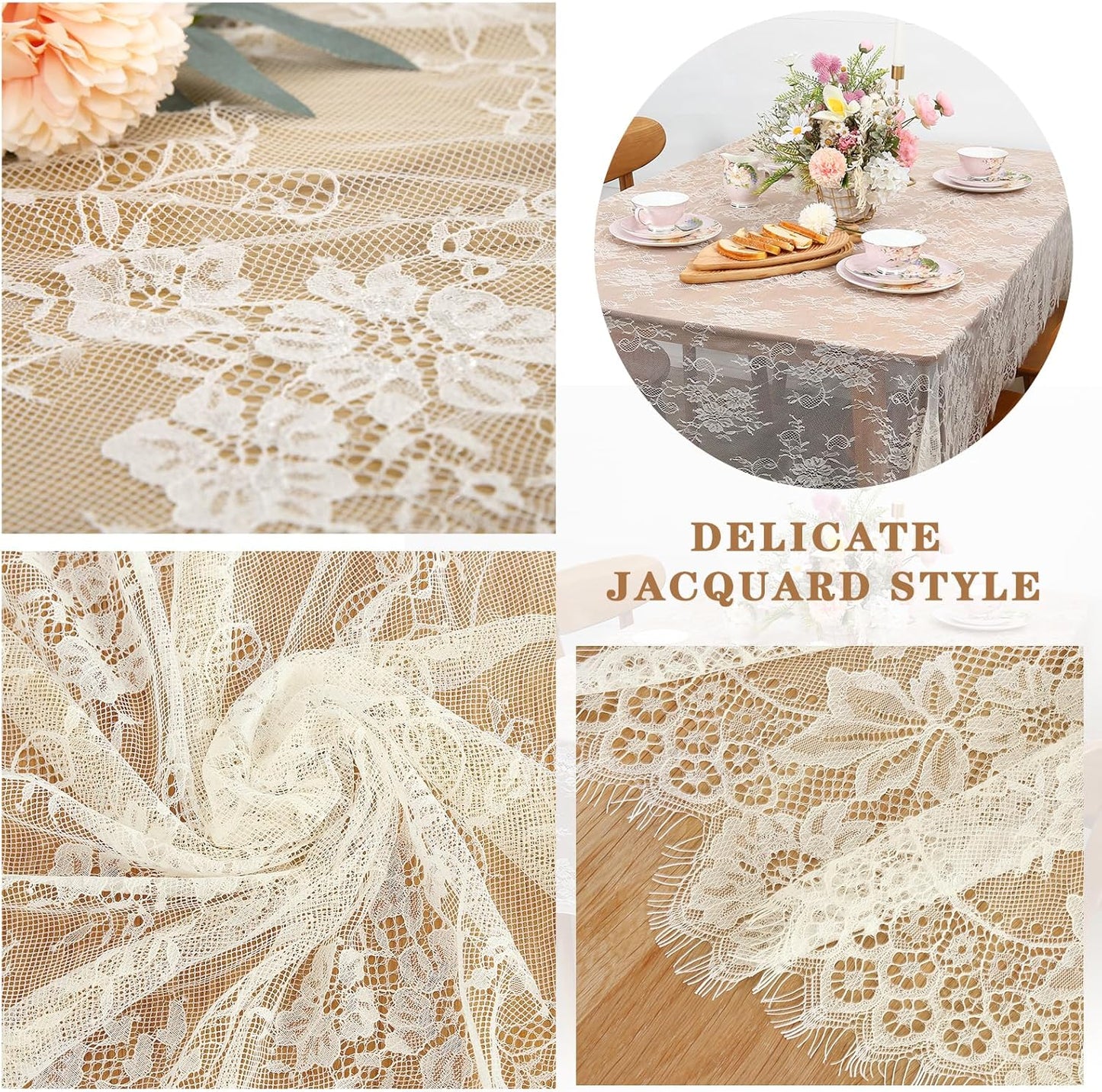 LuoluoHouse Pack of 6 Lace Tablecloth Ivory Table Fabric 60x120 Inch for Rustic Boho Wedding Bridal Shower Party Decorations Rectangle Overlay Long Vintage Embroidered Reception Table Cloth Decor