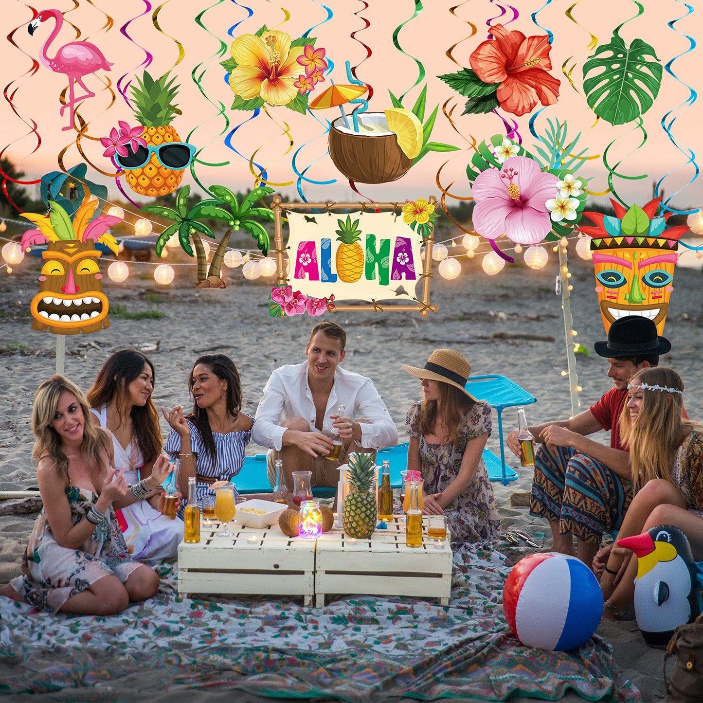 Outus 30 Pcs Hawaiian Luau Party Hanging Swirls Tropical Decor,Summer