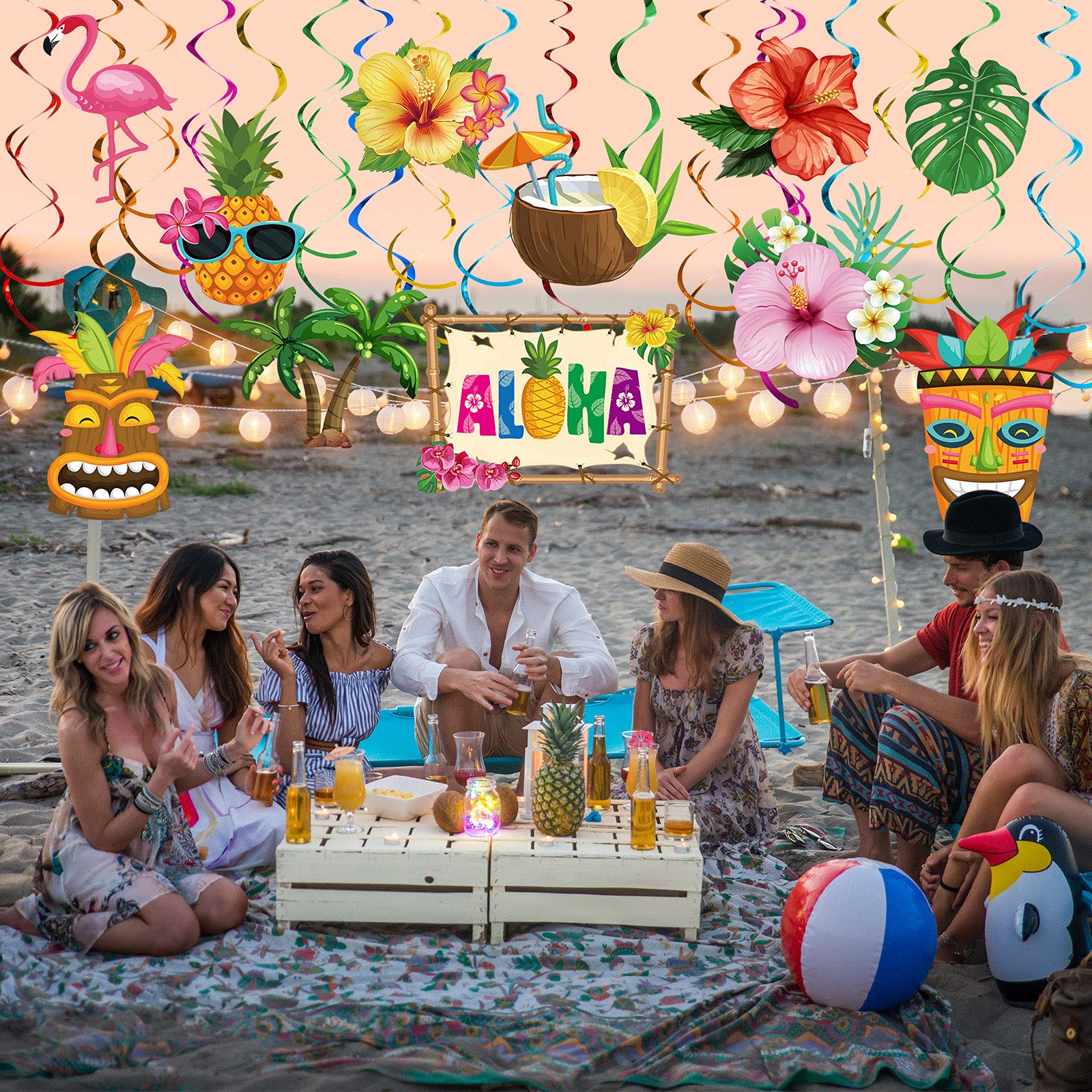 Outus 30 Pcs Hawaiian Luau Party Hanging Swirls Tropical Decor,Summer