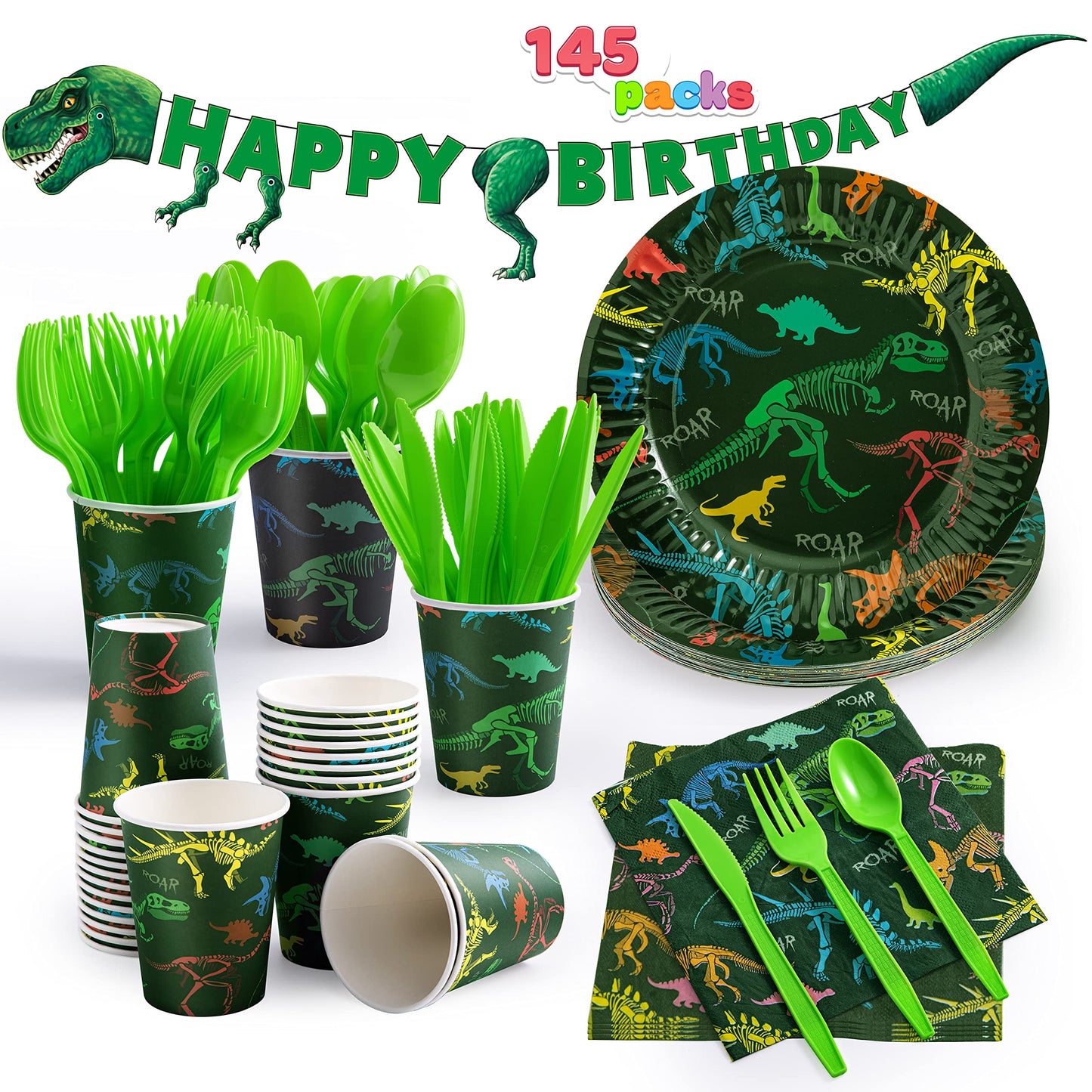 JOYIN 145 Piece Dinosaur Birthday Party Supplies with Banner, 24 Serves Dinosaur Disposable