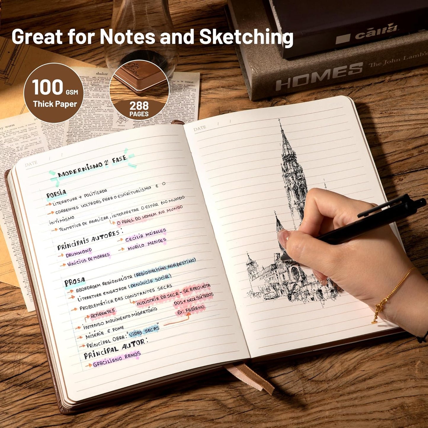 CAGIE Compass Leather Notebook Journal for Men, 100 GSM 288 Pages Lined Journals for Writing, A5 Hardcover Journaling Notebooks Gift Set with Pen for Travel Office Daily Writing