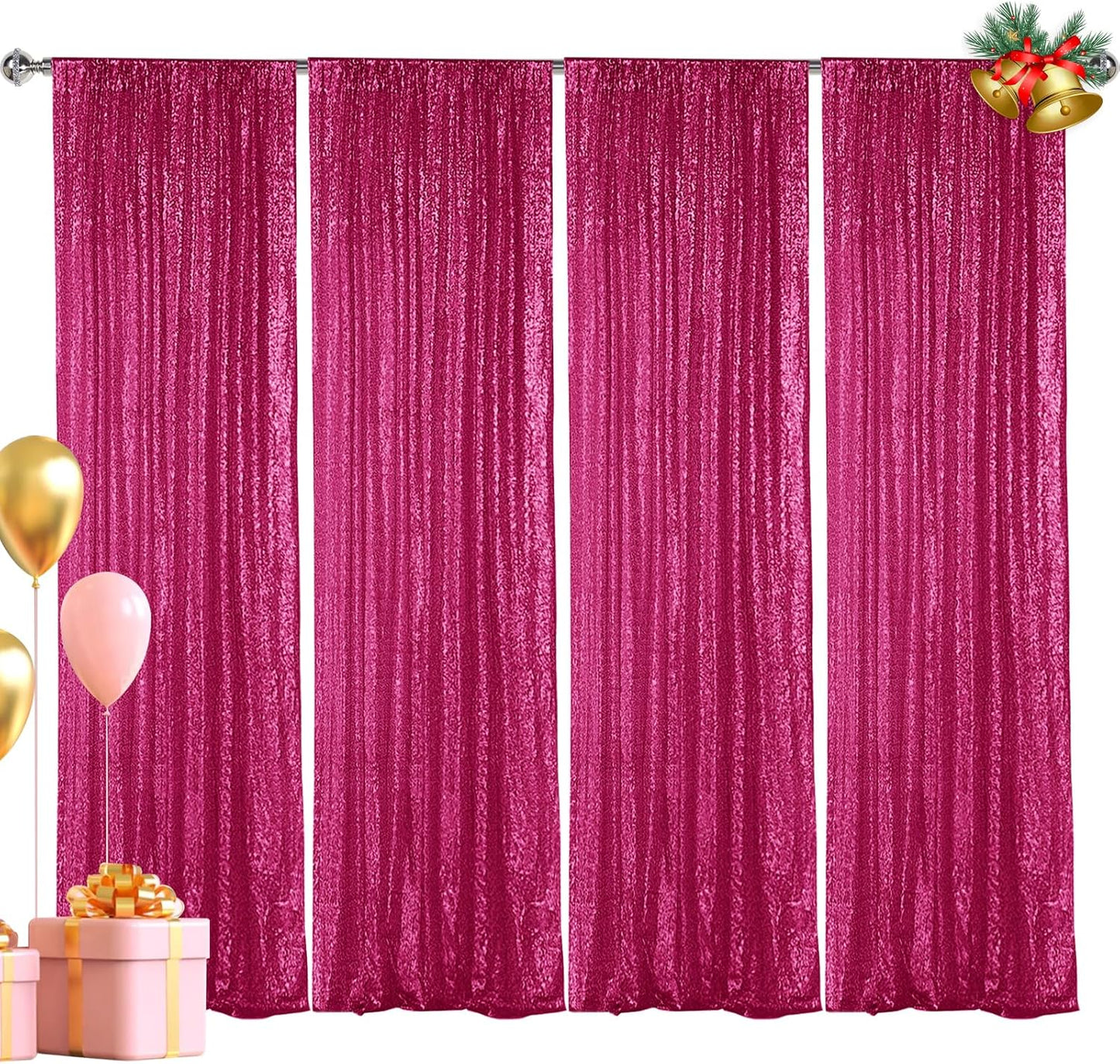 Hahuho Fuchsia Sequin Backdrop Curtain, 4PCS 2FTx8FT Glitter Backdrop Curtain for Parties, Christmas, Wedding, Party Decoration（4 Panels, 2FT x 8FT, Fuchsia