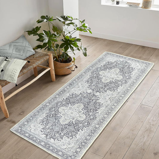 Bloom Rugs Washable Non-Slip 7 ft Runner - Charcoal Blue Traditional Medallion Runner for Entryway, Hallway, Bathroom, and Kitchen - Exact Size: 2.5' x 7'