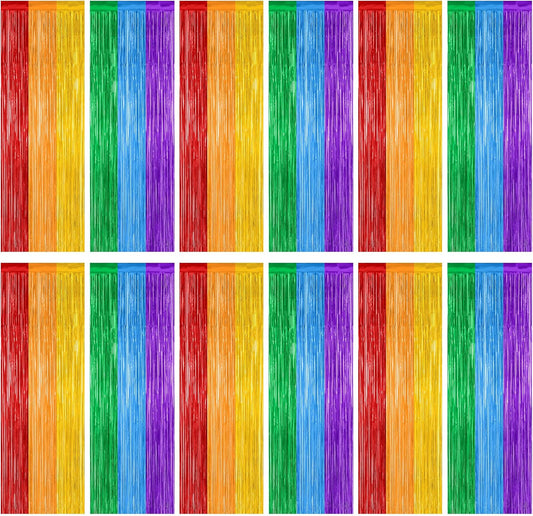 12 Pack Rainbow Backdrop, 3.28 FT x 7.05 FT Pride Decorations, Metallic Fringe Curtains Party Streamer Tinsel Backdrop, Rainbow Foil Curtains Birthday Party Decor Photo Booth Props