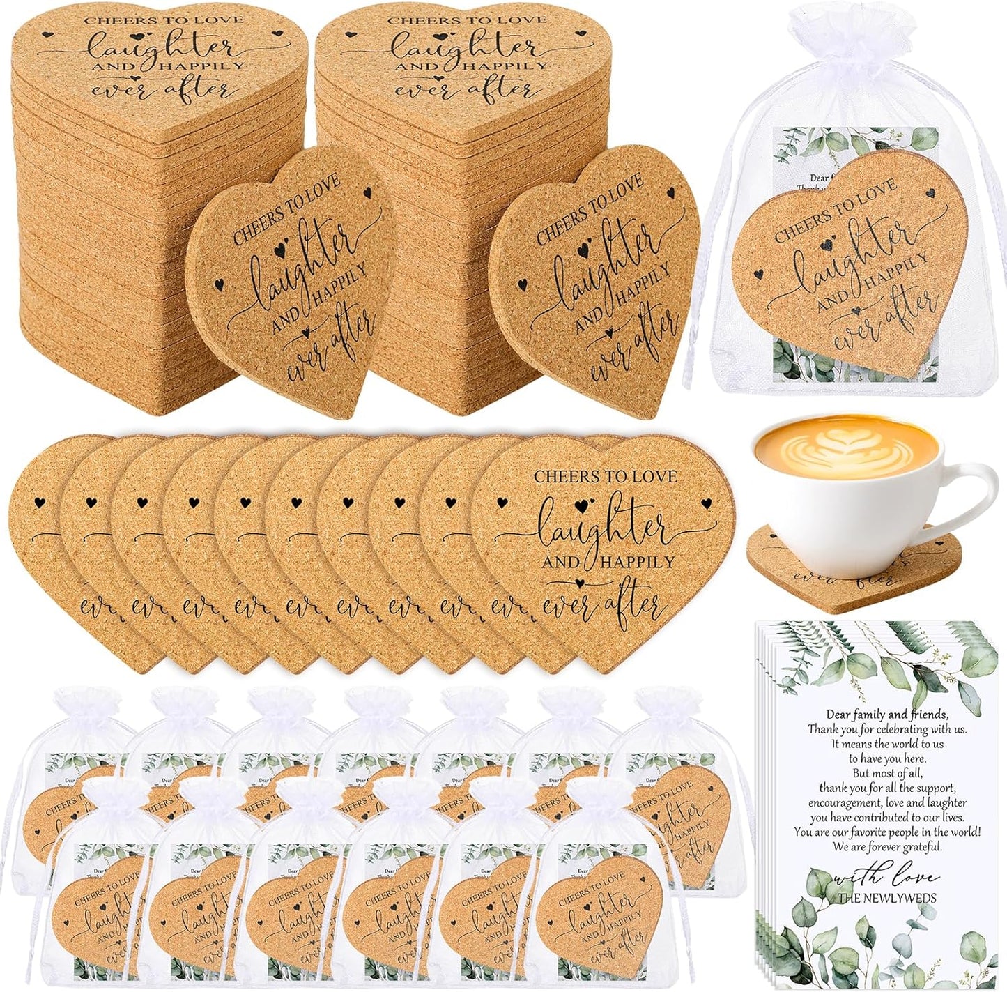 Uiifan 80 Set Wedding Favors for Guest Coaster Gifts Bulk Heart Shaped Coasters Thank You Cards Organza Bags Guest Souvenirs for Wedding Party Bridal Favors