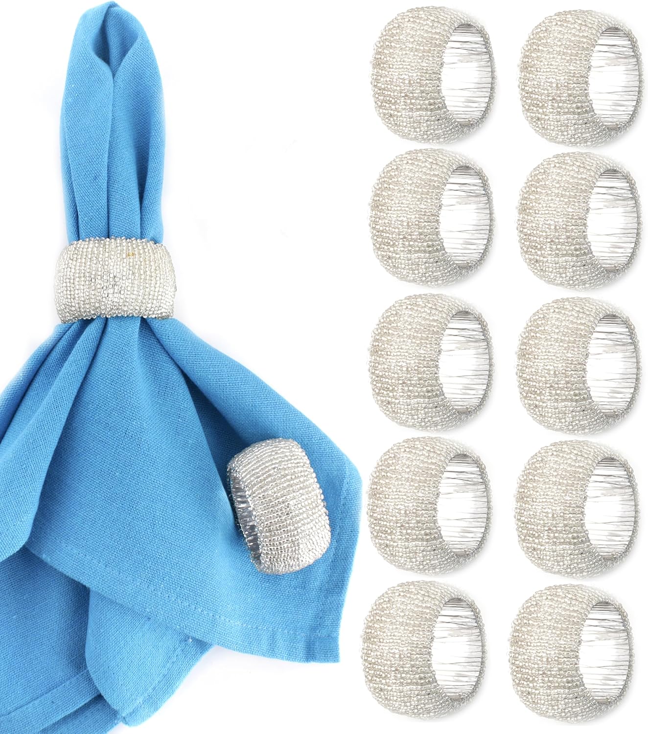 Decorative Beaded Napkin Rings Set of 12 - Rhinestone Serviette Holder for Table Décor, Christmas, Thanksgiving, Weddings, Parties, Artisan Festive Luxury Dining Napkin Holders (Silver) - CLEENTABLE