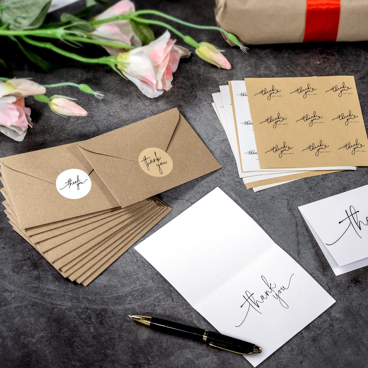 Layneria 100 Bulk Thank You Cards with Kraft Envelopes and stickers - 4 Minimalistic Designs Blank
