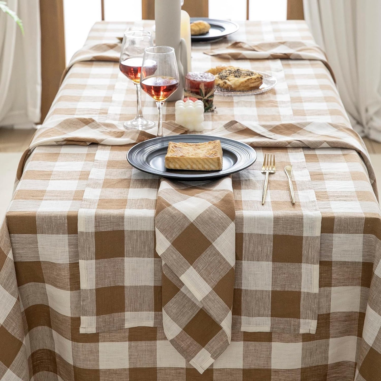 EVERLY 100% Yarn-Dyed Linen Rectangle Tablecloths 60x108Inches for Dining,Buffet Parties,Picnic,Events and Restaurants,Decorative Halloween,Thanksgiving Machine Washable Tablecloths-Brown Plaid
