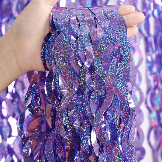 Purple Foil Fringe Curtains Party Decorations - CYLMFC 3 Pack 3.3 ft x 6.6 ft Foil Party Curtain for Hallowee Christmas Graduation Decor