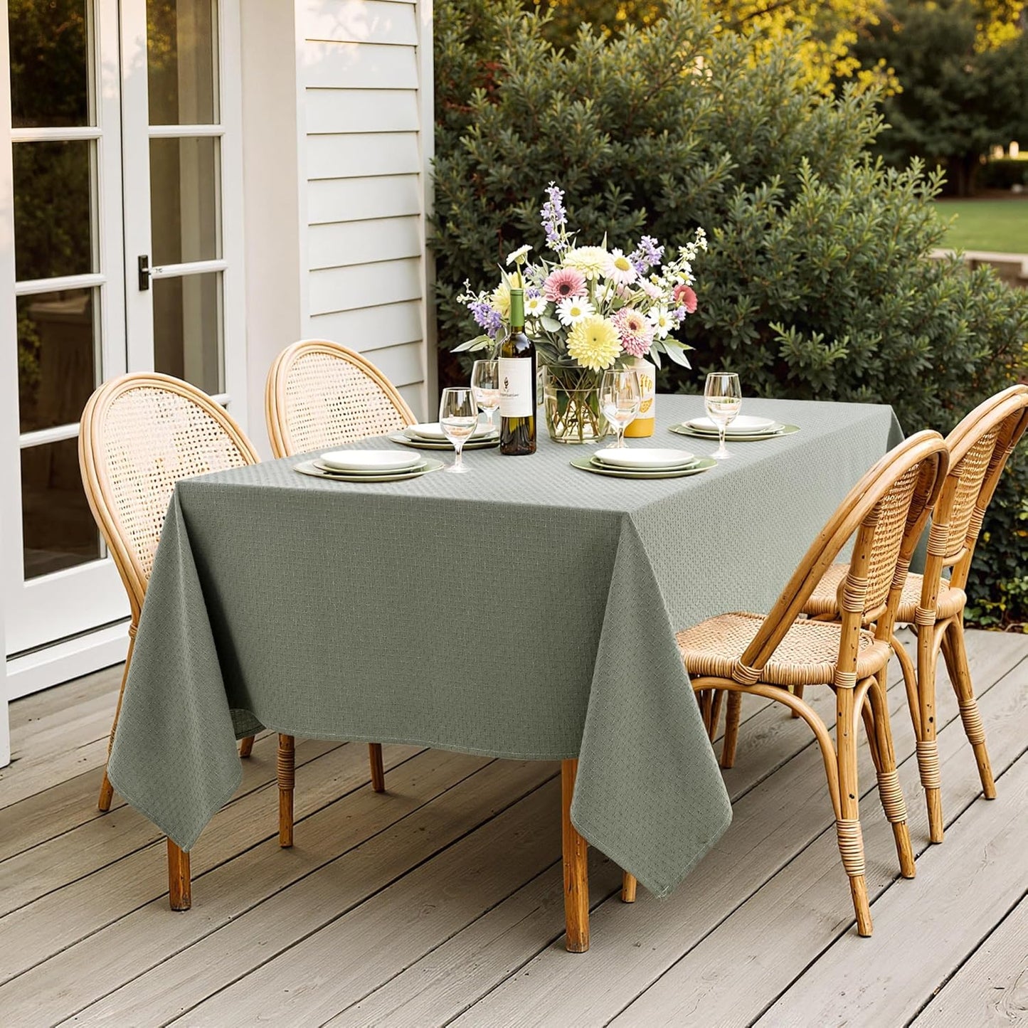 MIULEE Olive Green Linen Cottton Table Cloth Rectangle Tablecloth Waterproof Spillproof Cross-Star Textured Table Cltoth Decorative Farmhouse Style for Dining Party Weddings 60x84 Inch