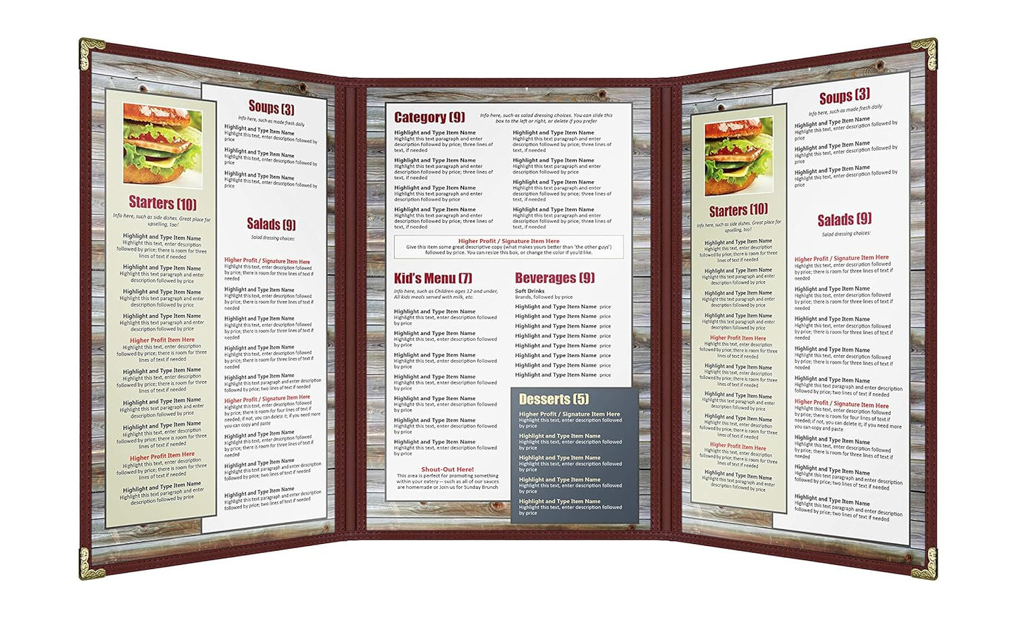 Goodsmart Restaurant Menu Covers – 25 Pack Burgundy 6-View Trifold 8.5" x 14", Side-Loading Vinyl & Plastic Menu Holders, Clear Menu Sleeves, Leather-Style Café Covers with Gold Corners