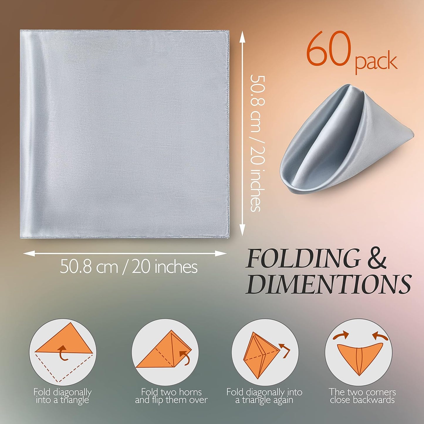 Manyshofu 60 Pieces Silver Satin Napkins - 20x20 Inches Cloth Napkins, Square Satin Fabric Napkins Set - Elegant & Reusable Table Napkins for Wedding Dinner Party Lunch Banquet Restaurant Decoration