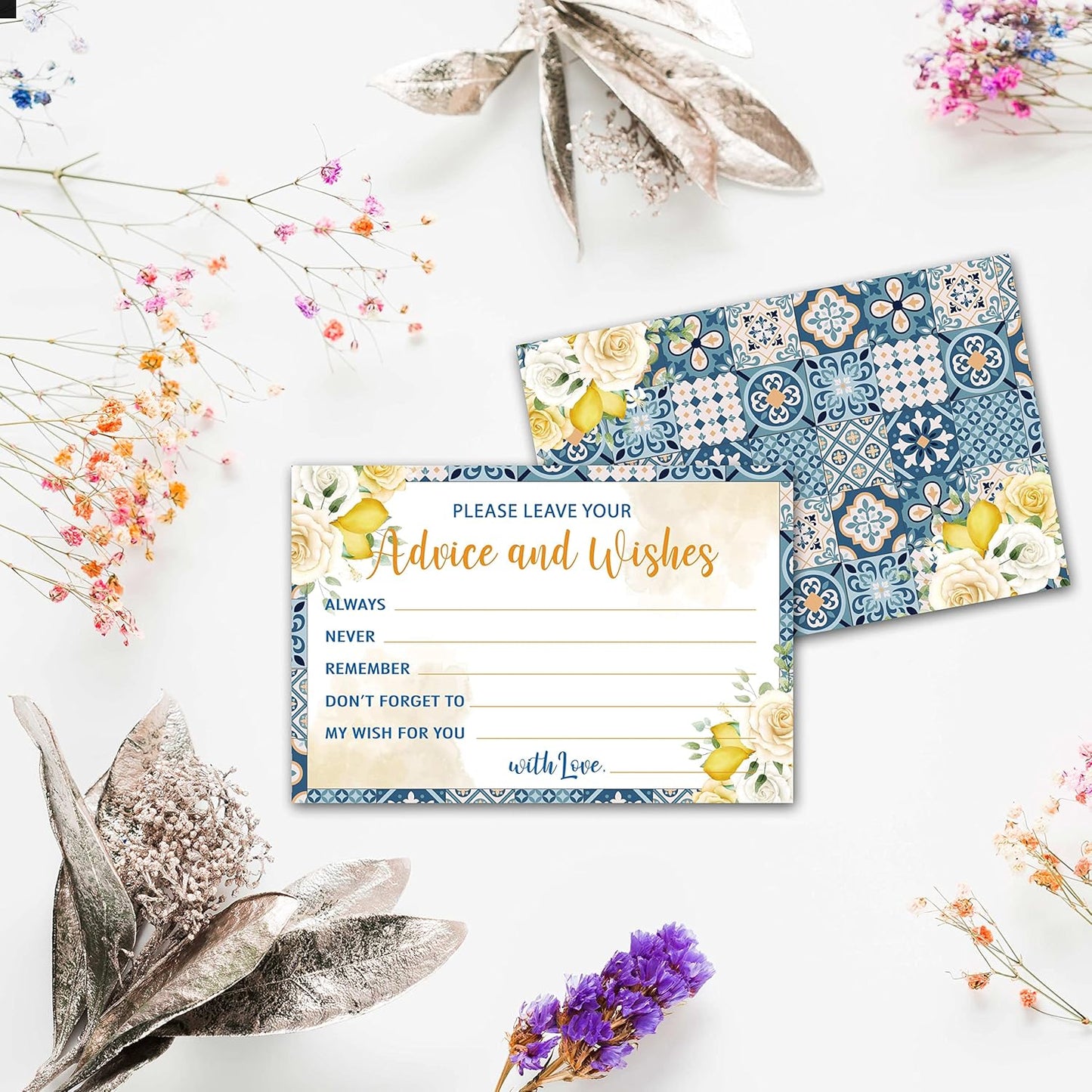 Mediterranean Lemon Advice and Wishes Cards, 25 Pcs Italian Blue Tiles Double Sided Advice Cards for The Bride and Groom, Mr and Mrs, Bride Shower, Wedding Reception, Engagement Party(01)