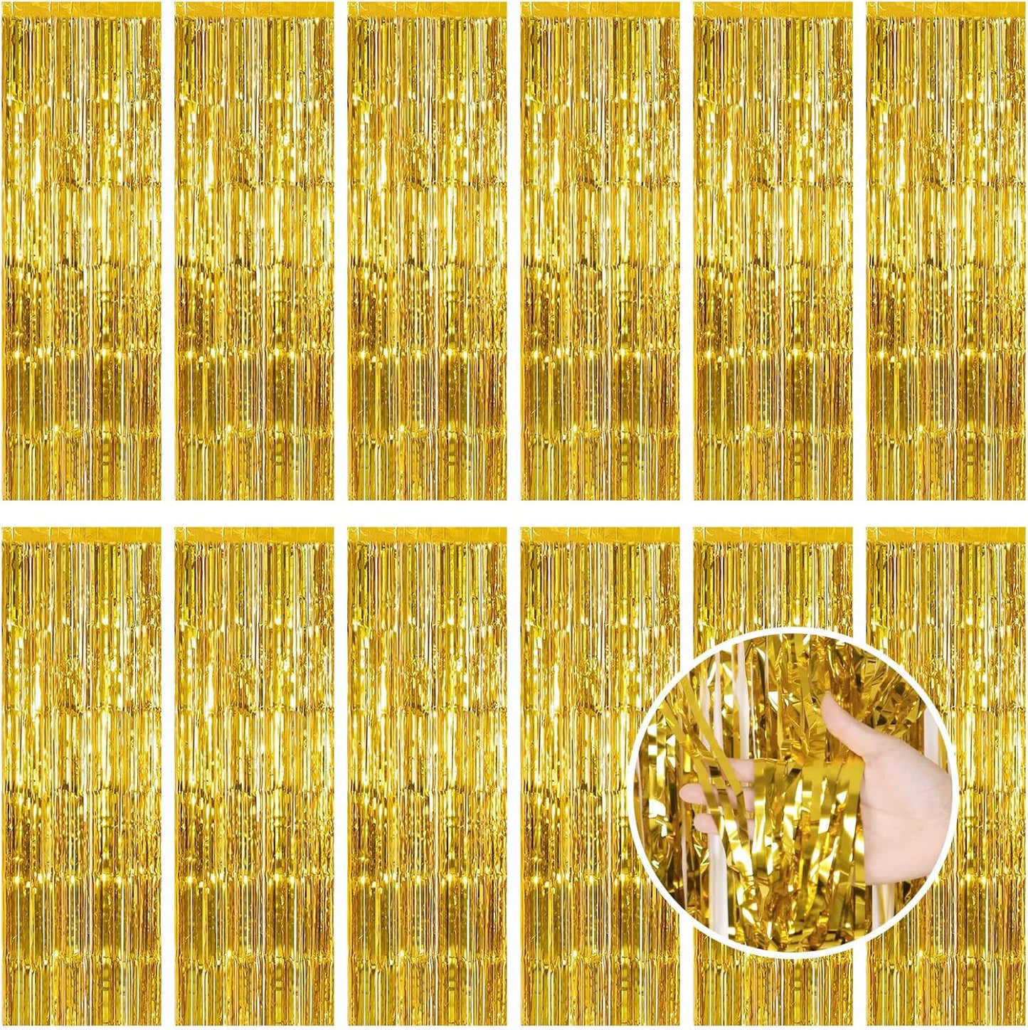 Gold Fringe Curtain Party Streamers, 12 Pack 3.3ft x 8.2ft Foil Curtain Backdrop Tinsel Foil Fringe Curtains Photo Booth Backdrop Streamer for Birthday, Wedding, Baby Shower, Disco Party