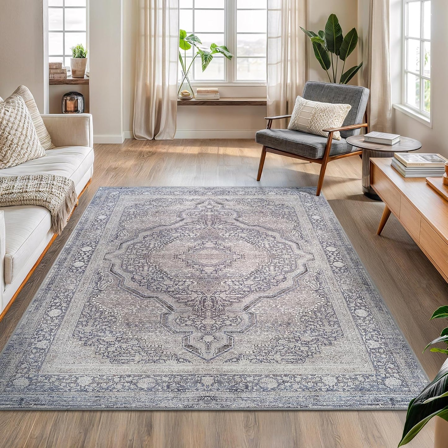 Bloom Rugs Washable Non-Slip 5' x 7' Rug - Blue/Steel Gray/Beige Traditional Medallion Area Rug for Living Room, Bedroom, Dining Room, and Kitchen - Exact Size: 5' x 7'